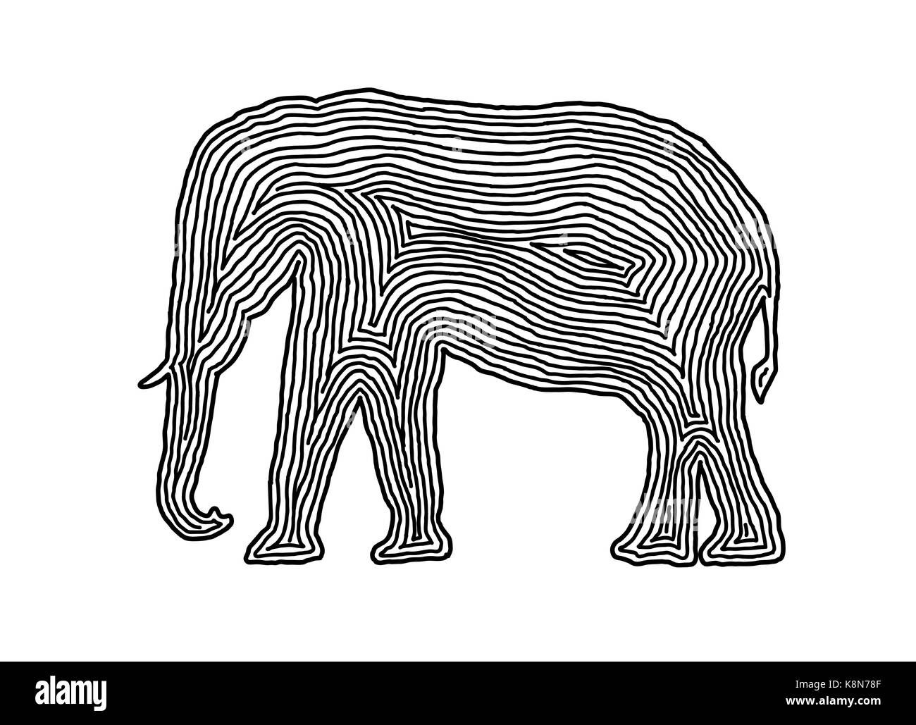 A elephant illustration icon in black offset line. Fingerprint style for logo or background design. Stock Vector