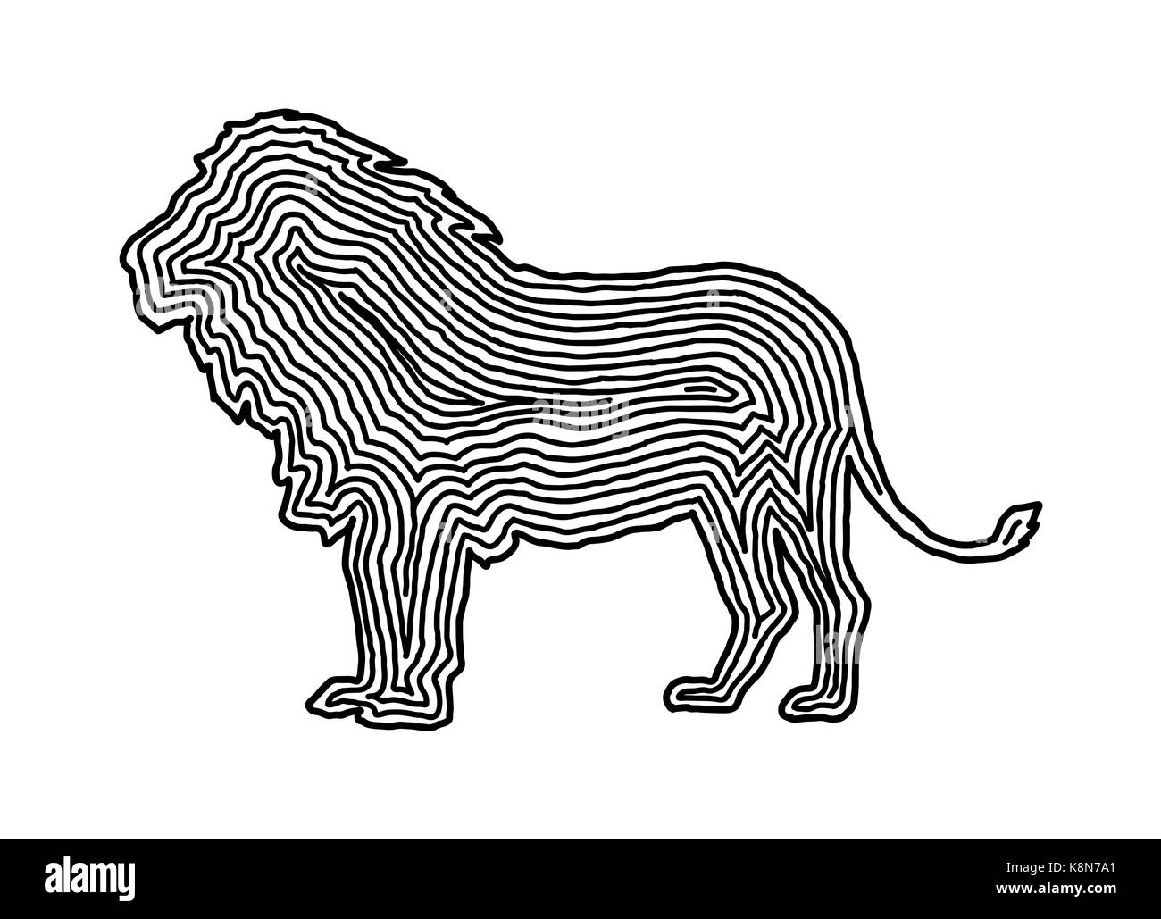 A lion illustration icon in black offset line. Fingerprint style for logo or background design. Stock Vector