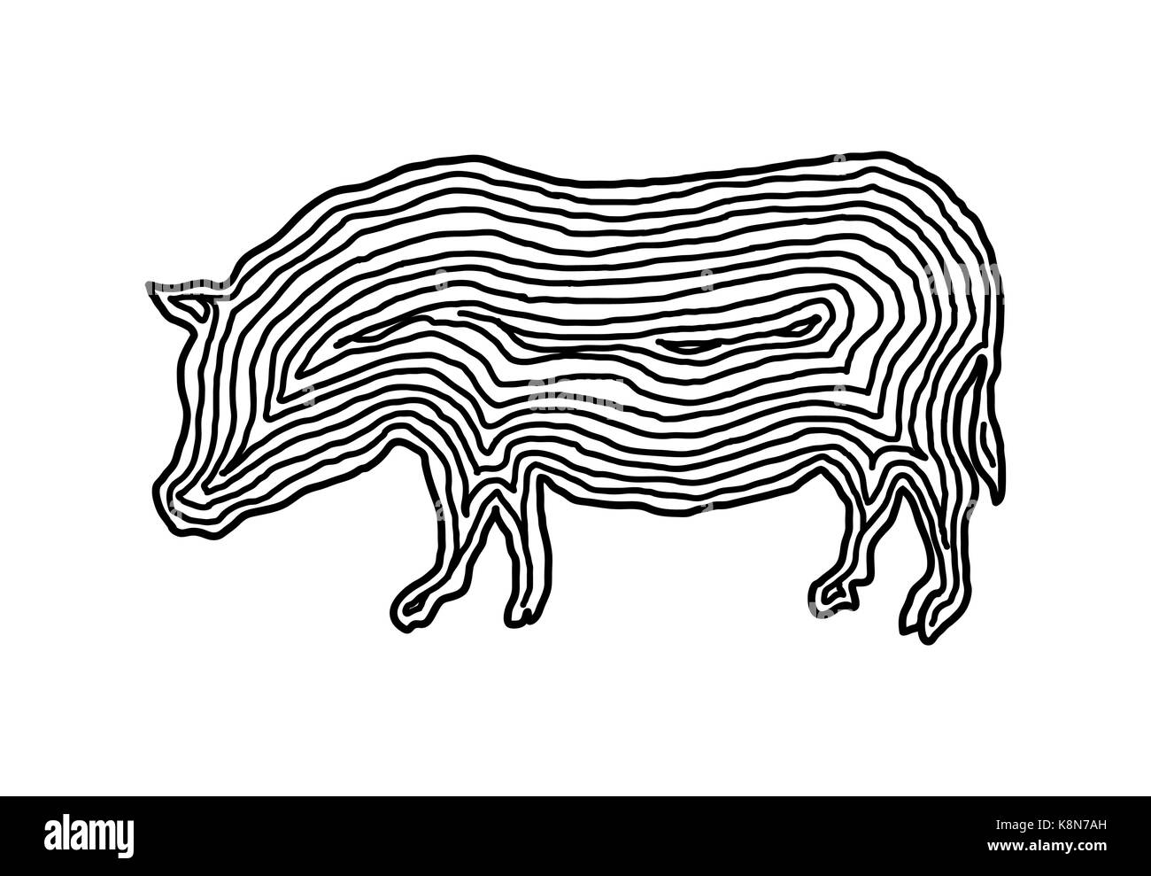 A pig illustration icon in black offset line. Fingerprint style for logo or background design. Stock Vector