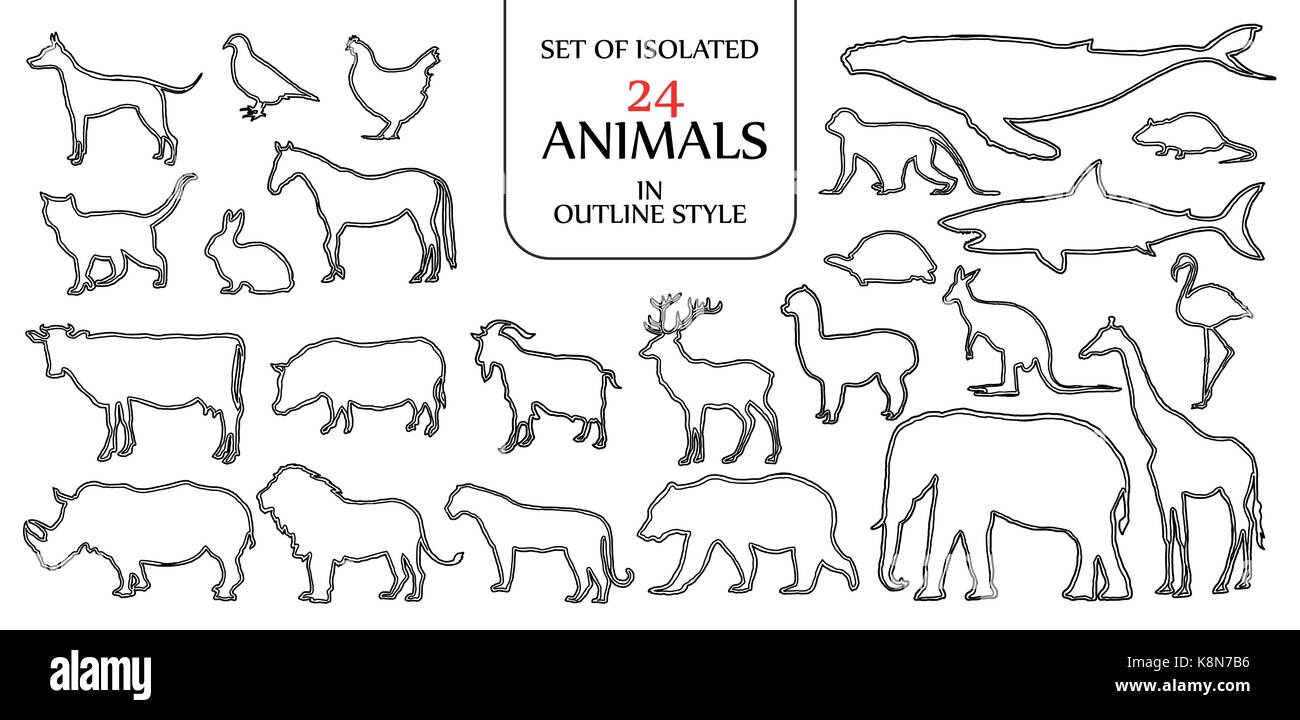 Set of isolated 24 animals illustration in double black outline style for logo, icon or background design with blank space for text. Stock Vector