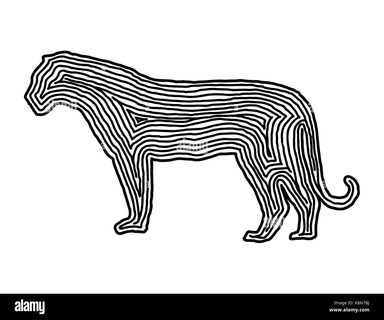 A tiger illustration icon in black offset line. Fingerprint style for logo or background design. Stock Vector