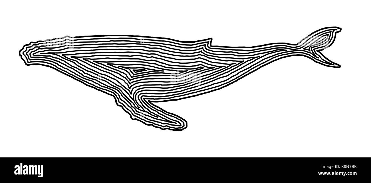 A whale illustration icon in black offset line. Fingerprint style for logo or background design. Stock Vector