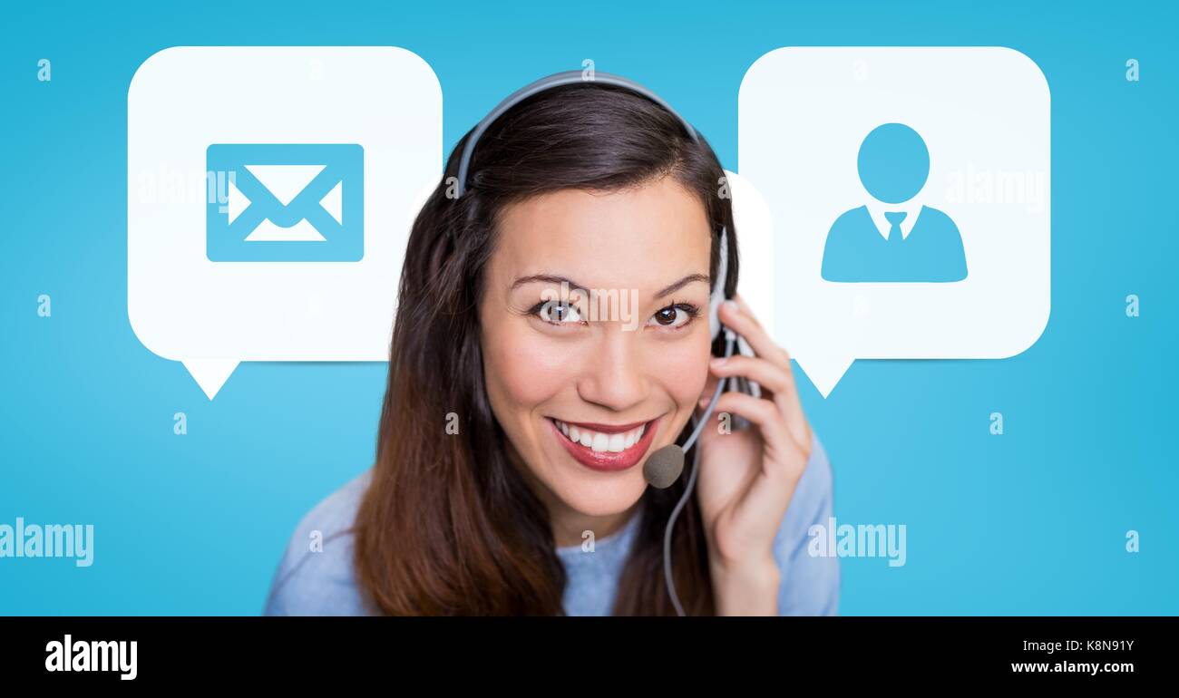 Digital composite of Happy customer care assistant woman against ...