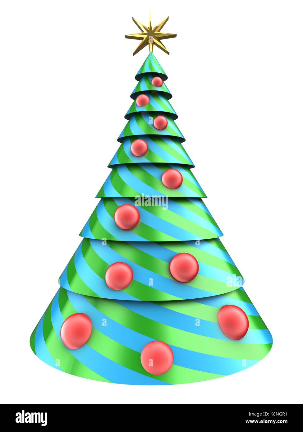 3d illustration of Christmas tree over white background with red balls ...