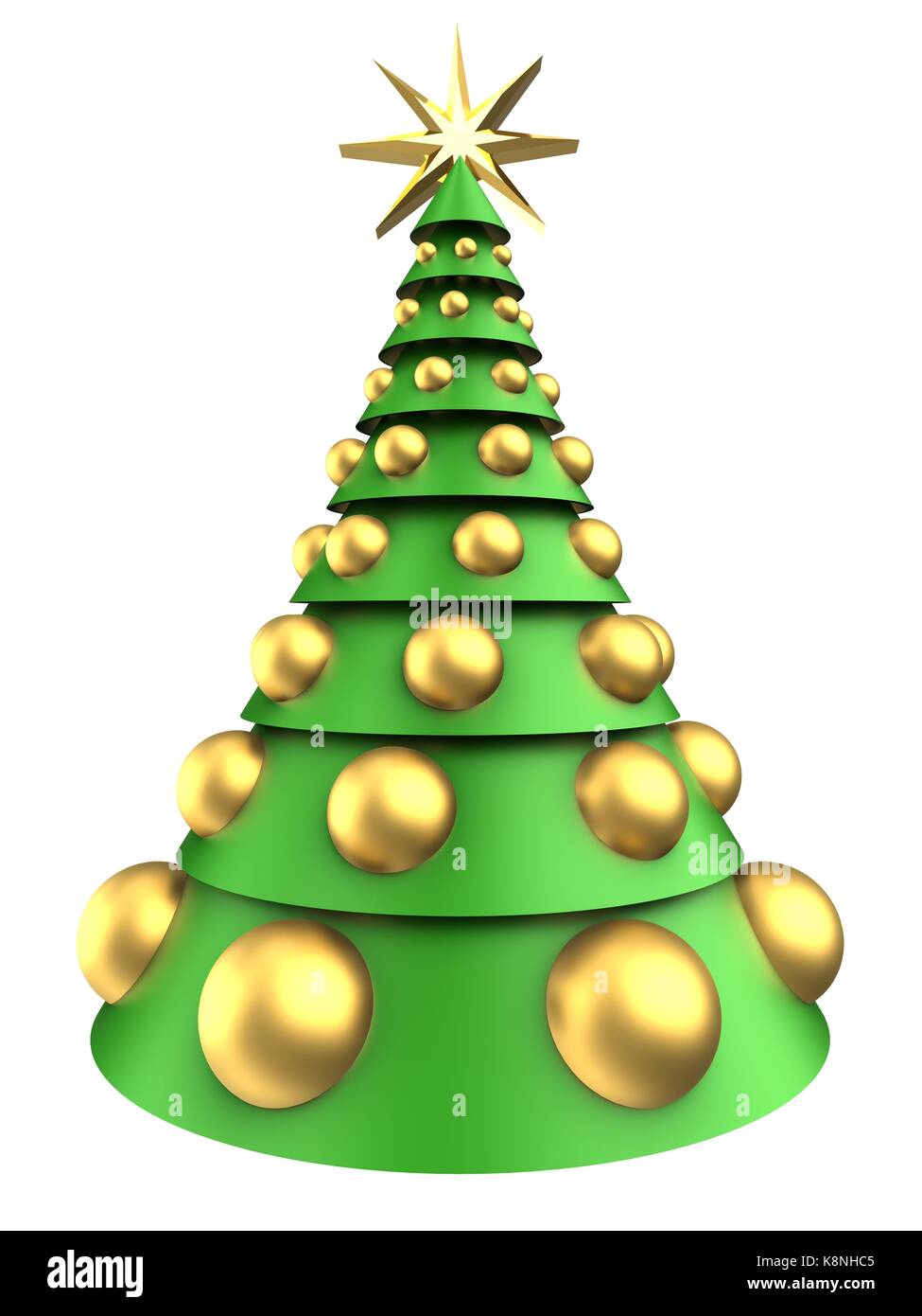 3d illustration of christmas tree over white background with big golden ...