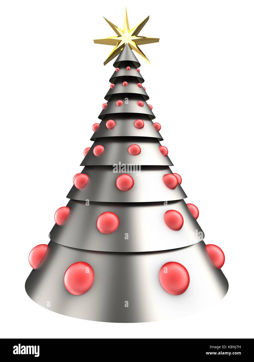 3d illustration of metal Christmas tree over white background with red ...