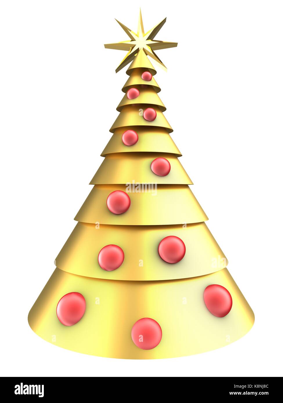 3d illustration of golden Christmas tree over white background with red ...