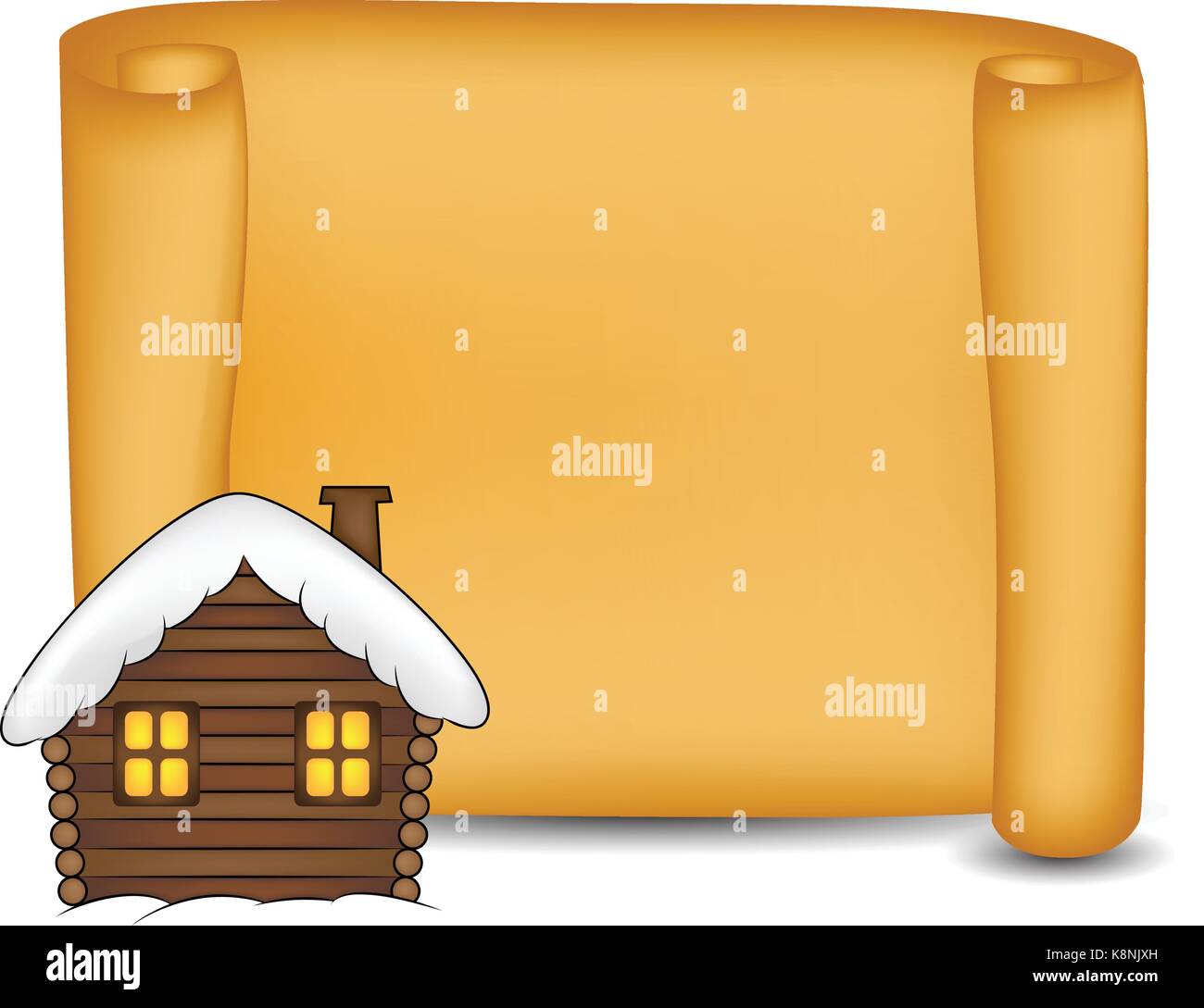 Winter Scroll Picture Example Christmas paper scroll card with snowy cabin. Vector illustration ...