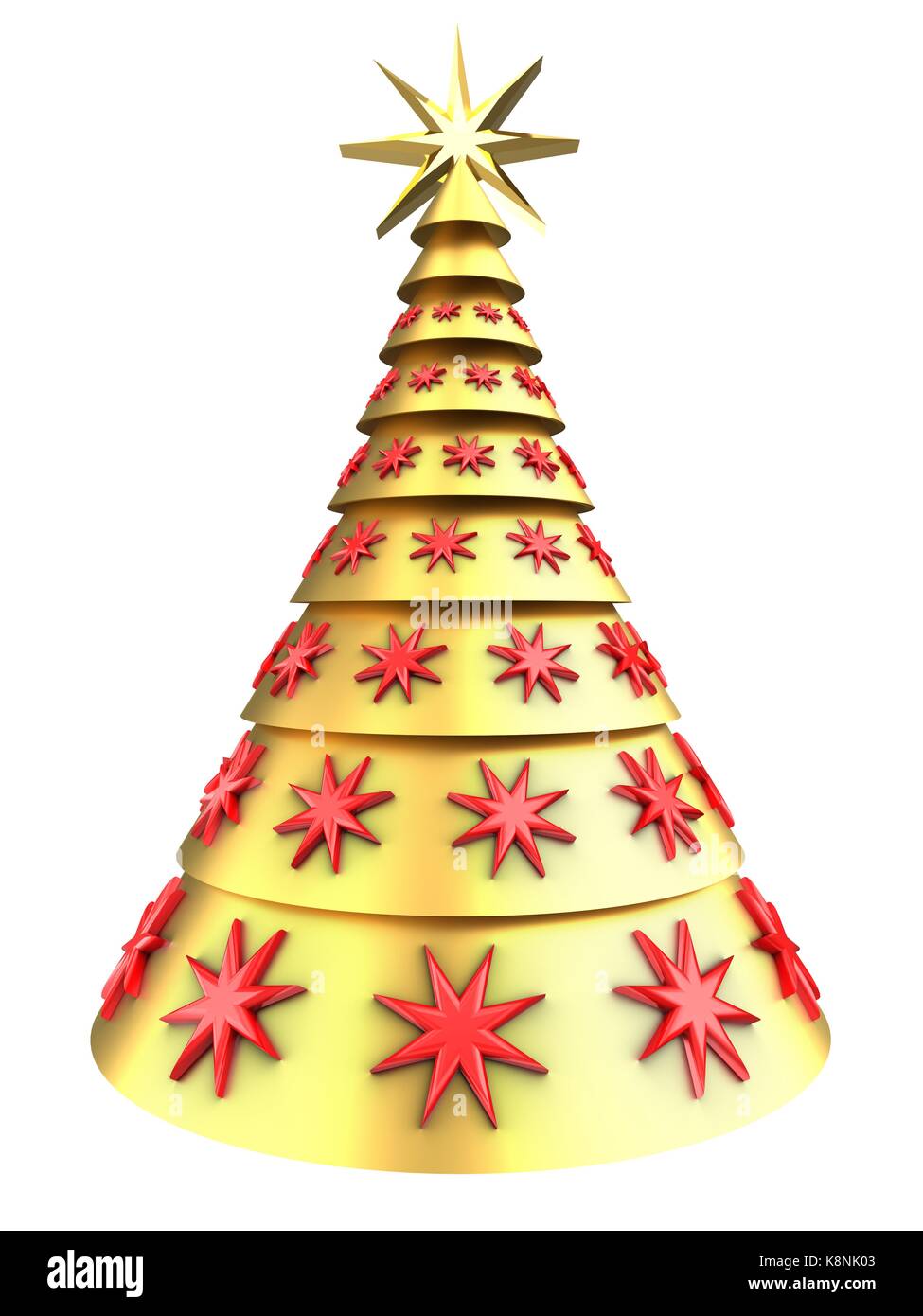 3d illustration of golden Christmas tree over white background with red ...