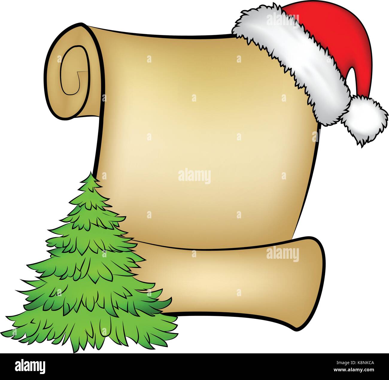 Christmas paper scroll card with santa cap,hat and christmas tree. vector illustration isolated on white background. Stock Vector