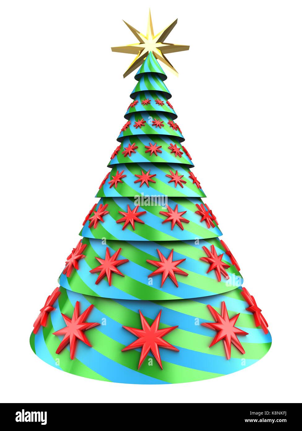 3d illustration of Christmas tree over white background with red stars ...