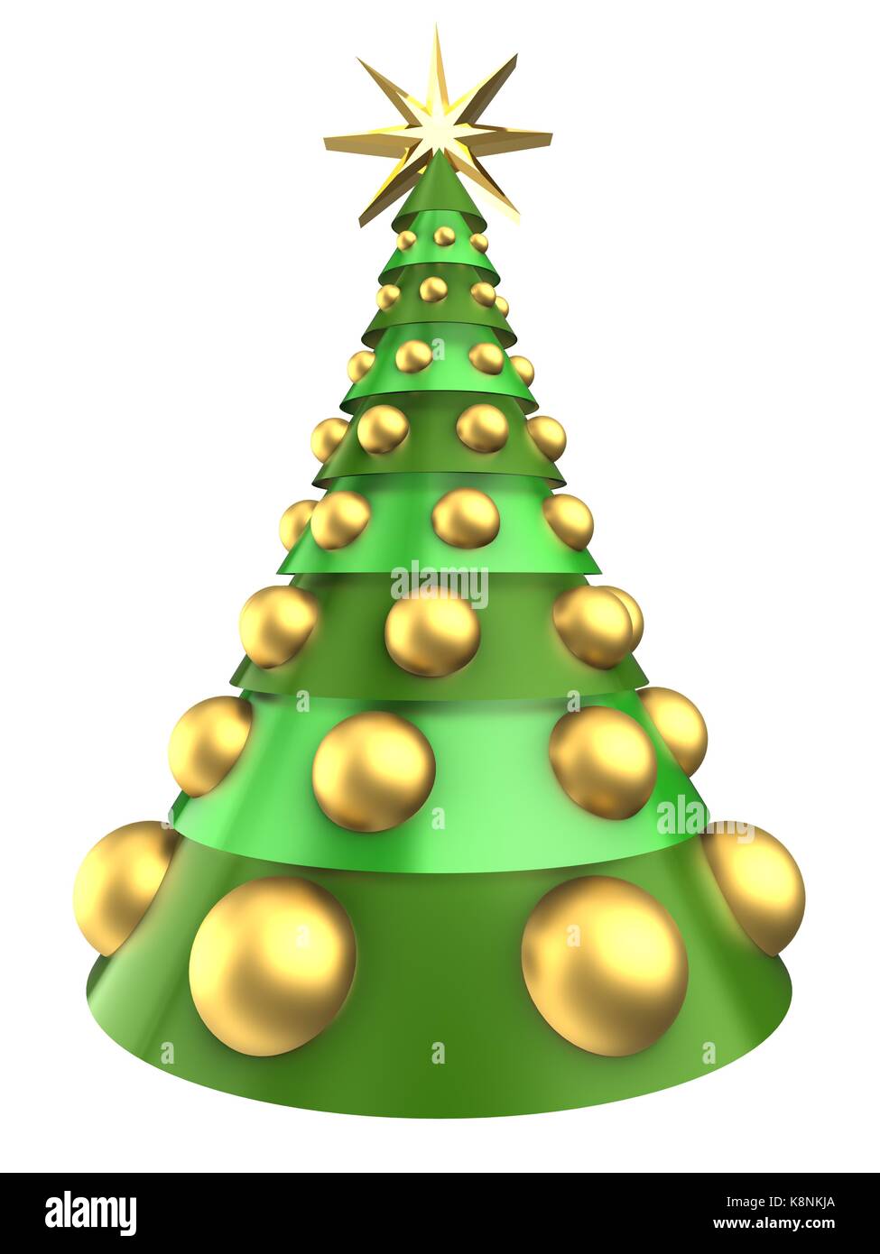 3d illustration of Christmas tree over white background with big golden ...