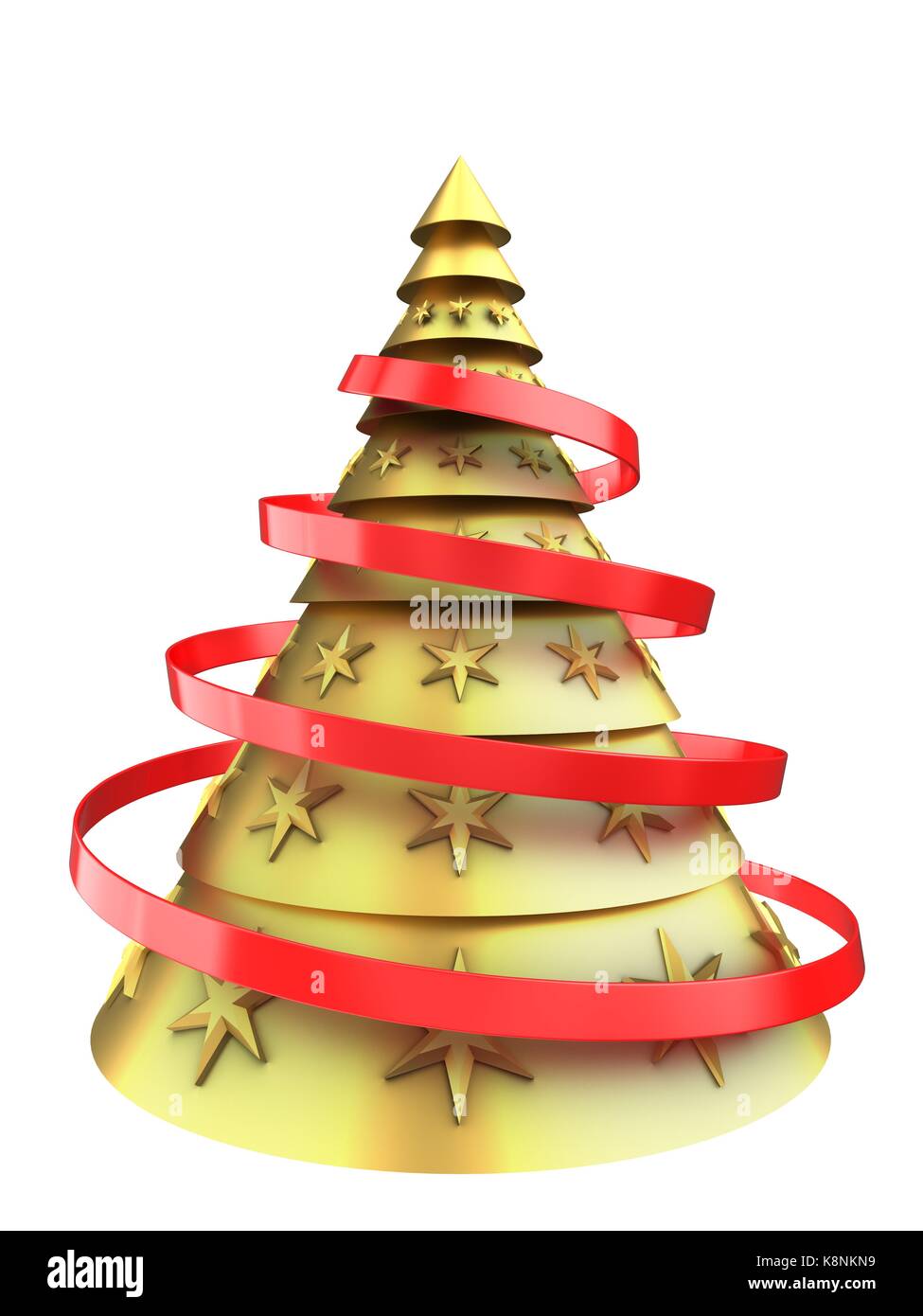 3d illustration of golden Christmas tree over white background with red ...