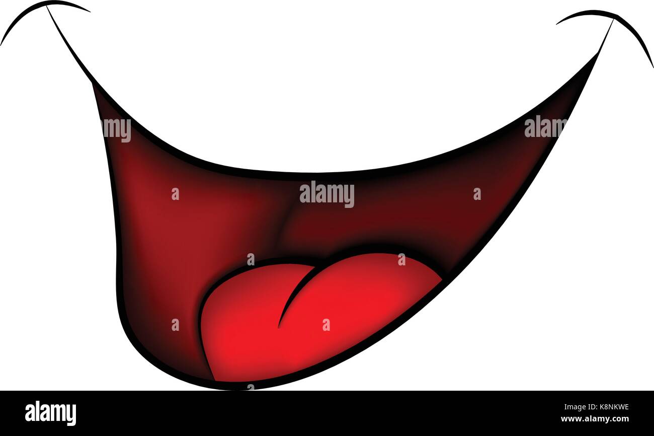 Cartoon smile, mouth, lips with teeth and tongue. vector illustration