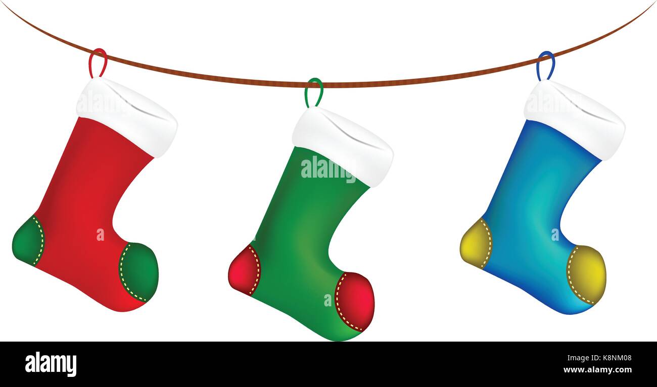Christmas sock hang on twine, line, rope, icon , symbol, design. Winter vector illustration isolated on white background. Stock Vector