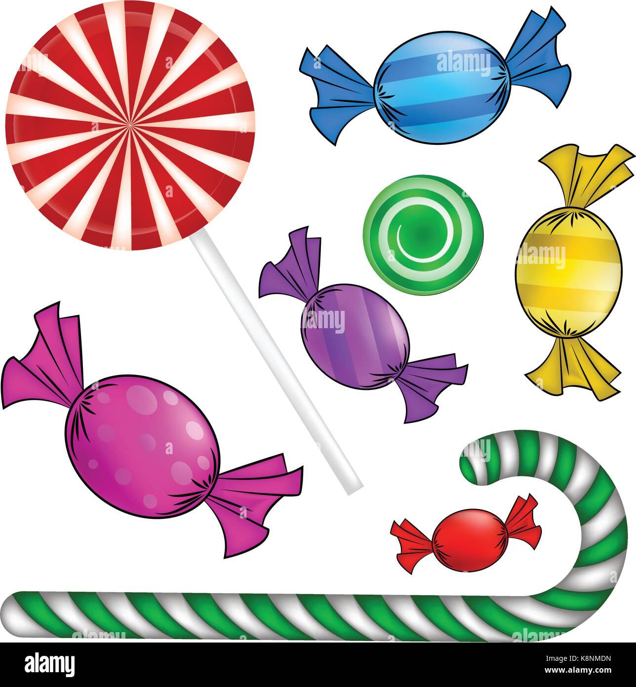 Christmas candy set. Colorful wrapped sweet, lollipop, cane. Vector illustration isolated on a white background. Stock Vector