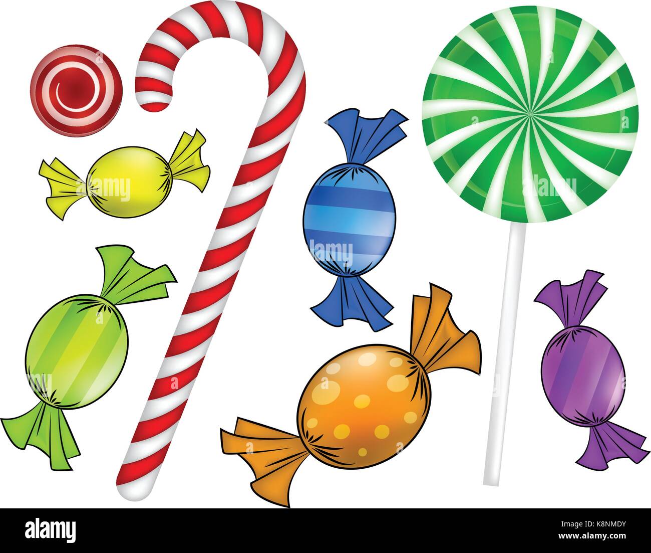 Christmas candy set. Colorful wrapped sweet, lollipop, cane. Vector illustration isolated on a white background. Stock Vector