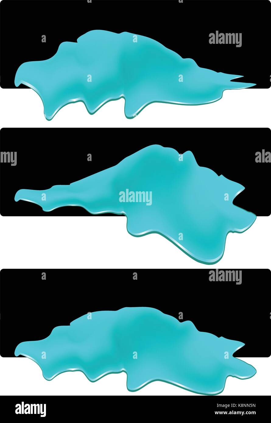 Puddle of water spill banner set. Blue stain, plash, drop. Vector illustration isolated on the white background Stock Vector