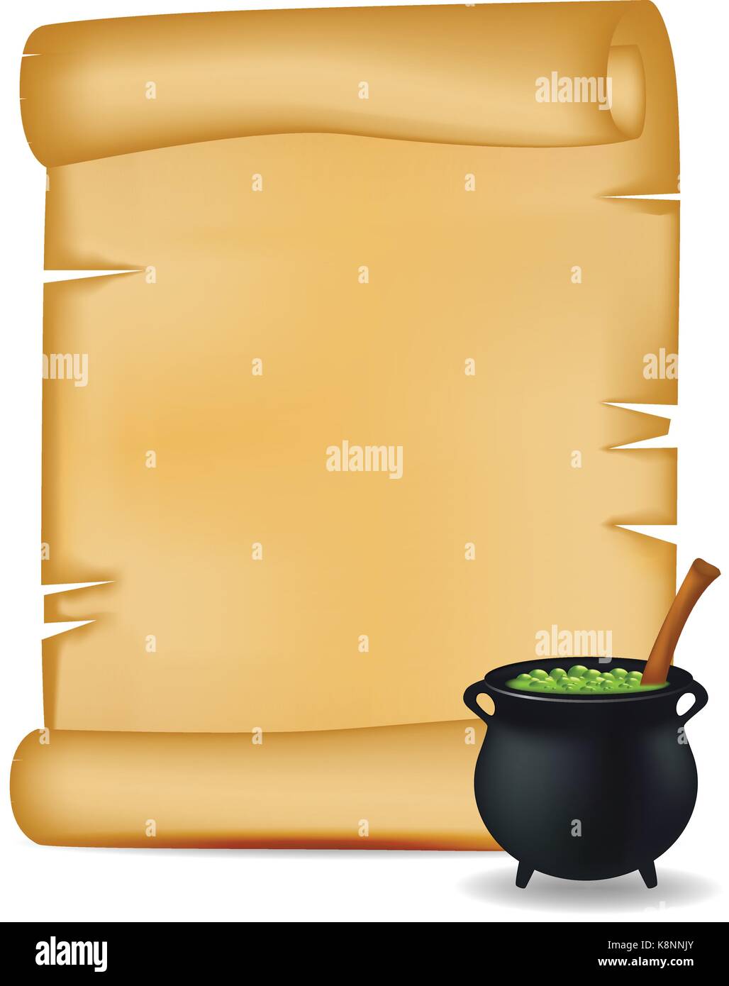 Halloween banner, card with empty paper scroll and witches cauldron, green potion. Blank ancient scroll of parchment wallpaper, background. Poster or  Stock Vector