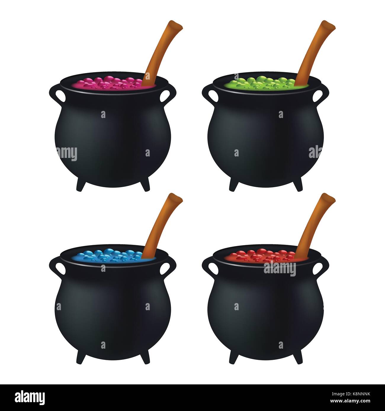 Witch cauldron with colorful potion, bubbling witches brew. Realistic