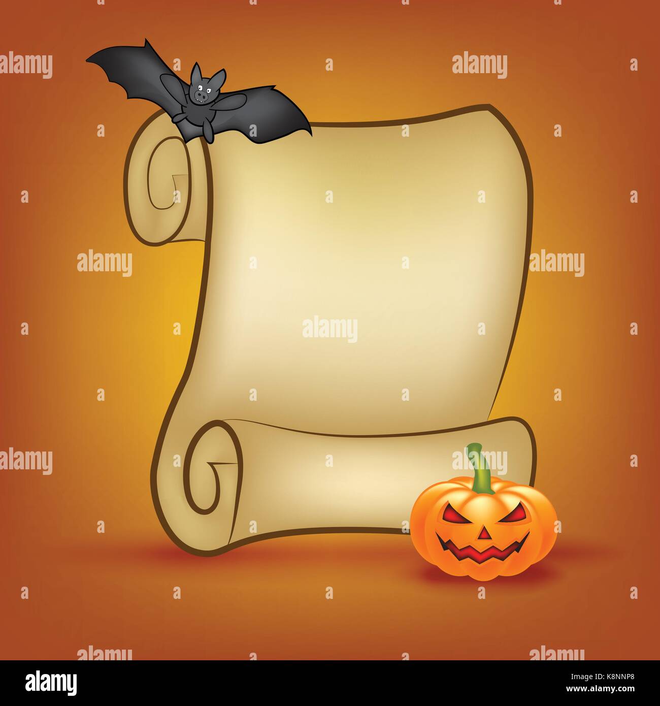 Halloween banner, card with empty paper scroll and pumpkin, bat. Blank ancient scroll of parchment wallpaper, background. Poster or brochure for Hallo Stock Vector