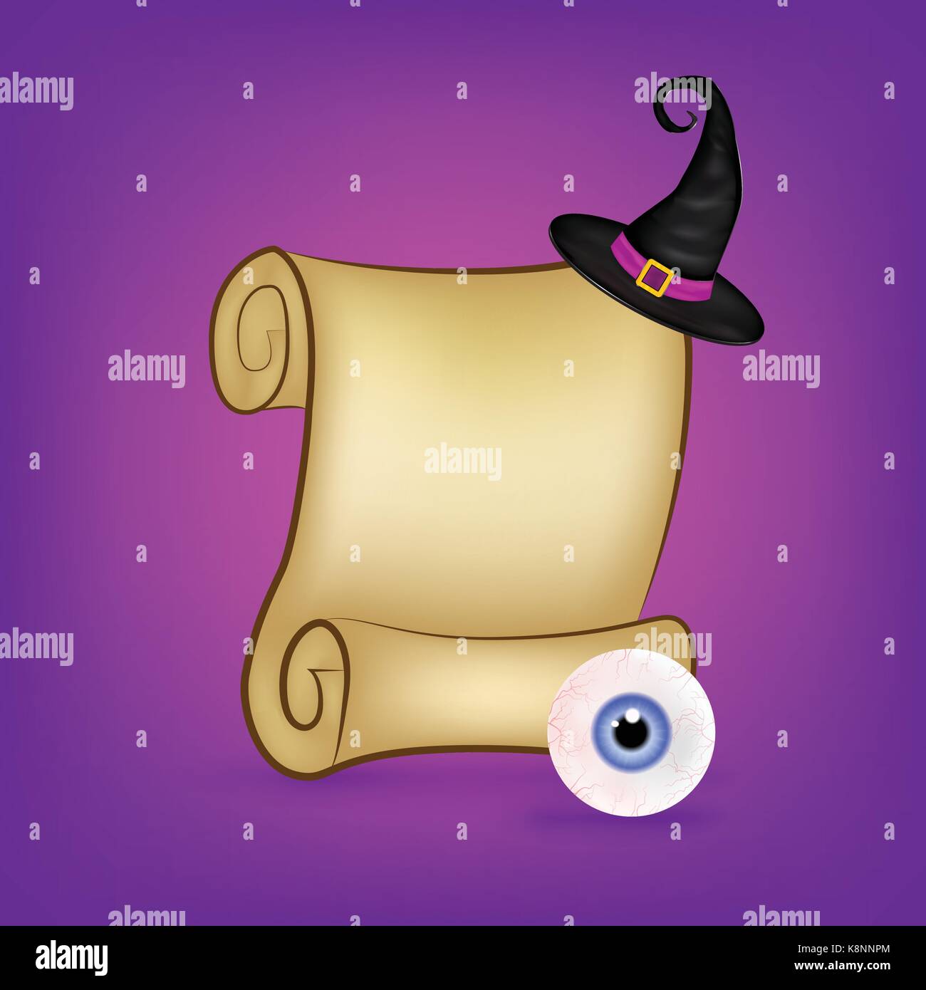Halloween banner, card with empty paper scroll and eyeball, witches hat. Blank ancient scroll of parchment wallpaper, background. Poster or brochure f Stock Vector