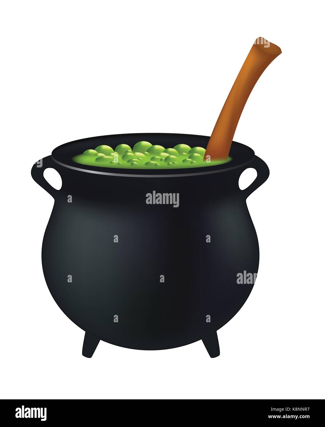 Witch cauldron with green potion, bubbling witches brew. Realistic Vector illustration isolated on white background. Stock Vector