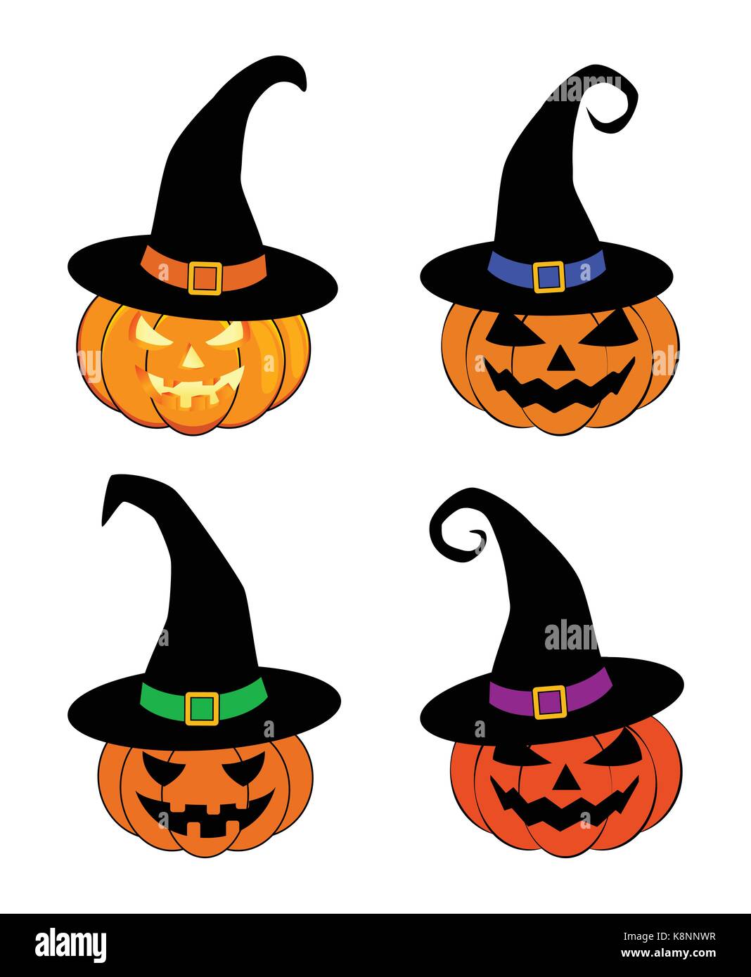 Halloween pumpkin in witches hat vector set illustration, Jack O ...