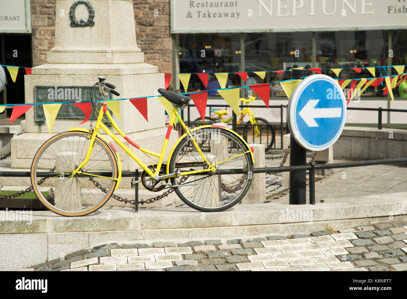 Yellow painted bicycles at Seahouses, Tour of Britain 2017, Northumberland, England Stock Photo