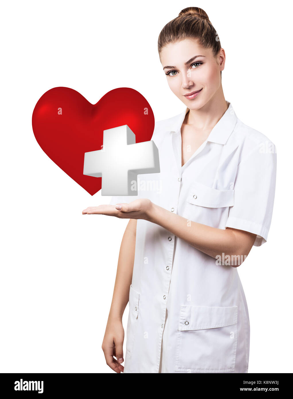 Cardiologist woman doctor holding big red heart. Stock Photo