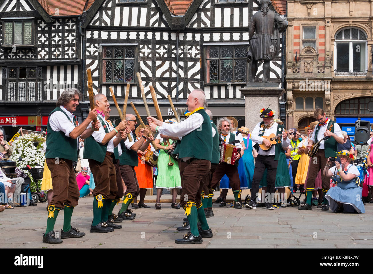 Dancers and musicians with Shrewsbury Morris performing at Shrewsbury Folk Festival, Shropshire, England, UK Stock Photo