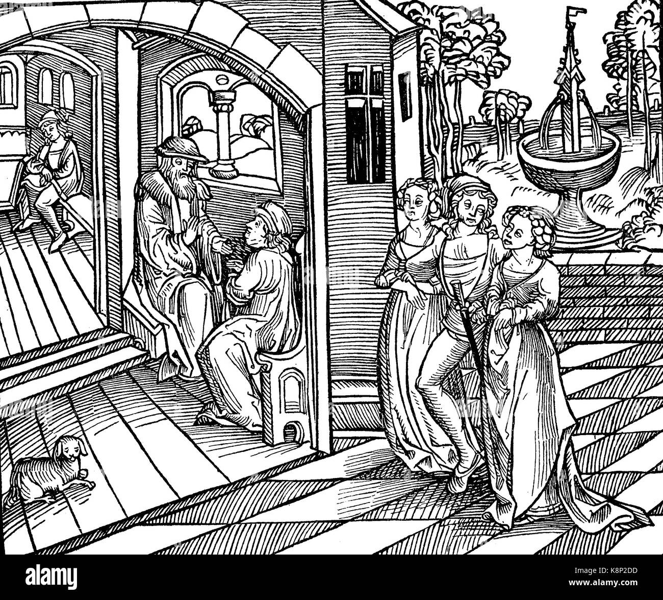 Young man in love with two girls, left side scholars talking, Verliebter Jüngling mit zwei Mädchen, Links Gelehrte im Gespräch, ca 1500, digital improved reproduction of a woodcut, published in the 19th century Stock Photo