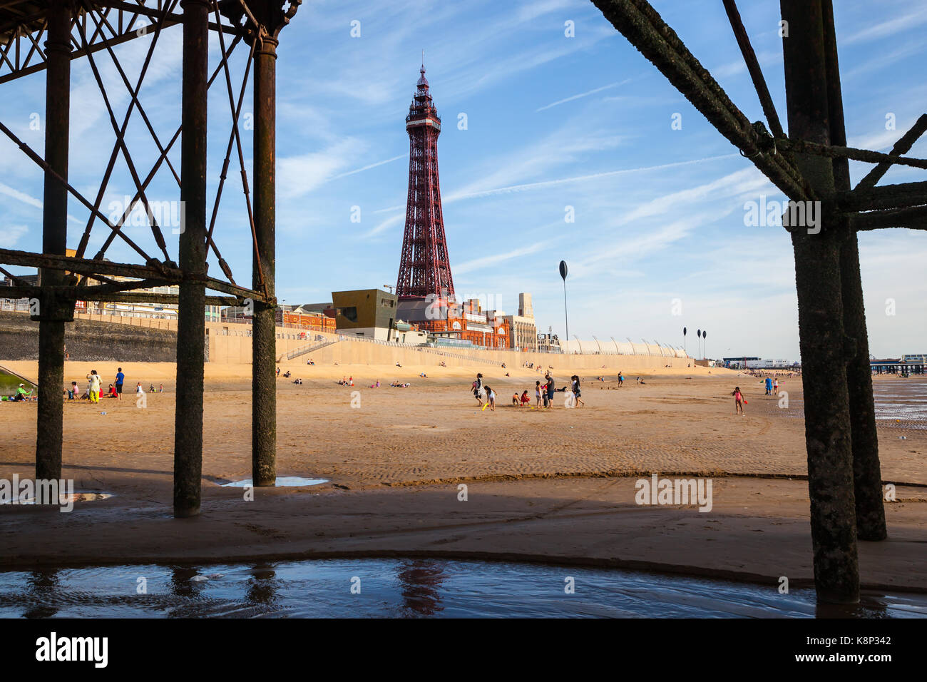 A view of Blackpool's famous tower from underneath the North Pier. Stock Photo