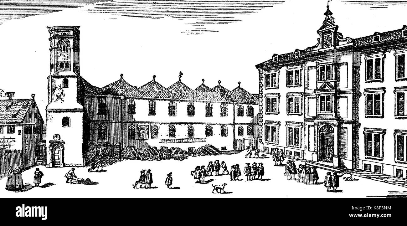 School yard of the Gymnasium at St. Anna in Augsburg, Schulhof des Gymnasium zu St. Anna in Augsburg, Bayern, Deutschland, 1731, digital improved reproduction of a woodcut, published in the 19th century Stock Photo