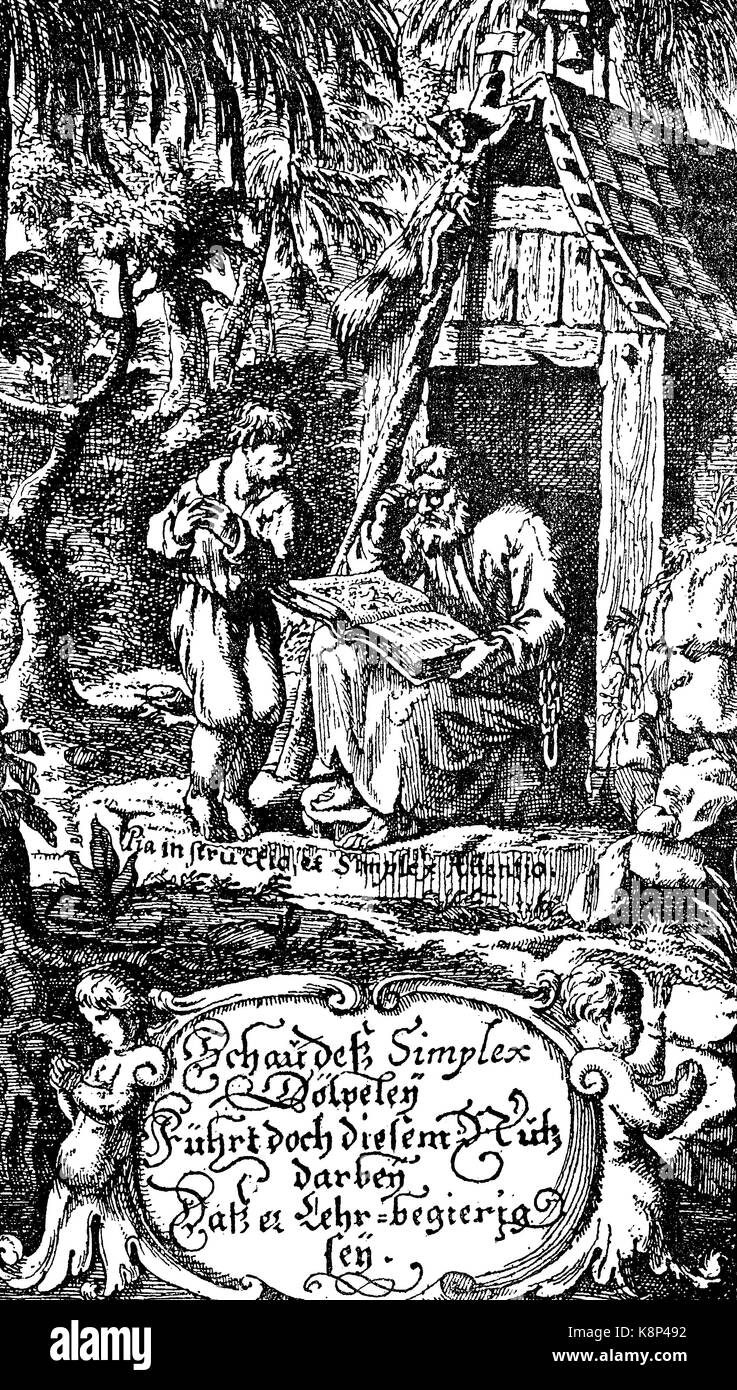 teaching of the Simplicius Simplicissimus, Der abenteuerliche Simplicissimus Teutsch, a picaresque novel of the lower Baroque style, written in 1668 by Hans Jakob Christoffel von Grimmelshausen, Unterricht des Simplicissimus, Grimmelshausen, 1684, digital improved reproduction of a woodcut, published in the 19th century Stock Photo