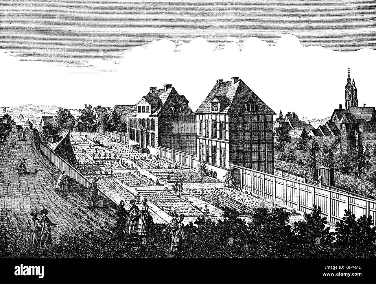 The botanical garden, Der botanische Garten in Göttingen, Deutschland, 1750, digital improved reproduction of a woodcut, published in the 19th century Stock Photo