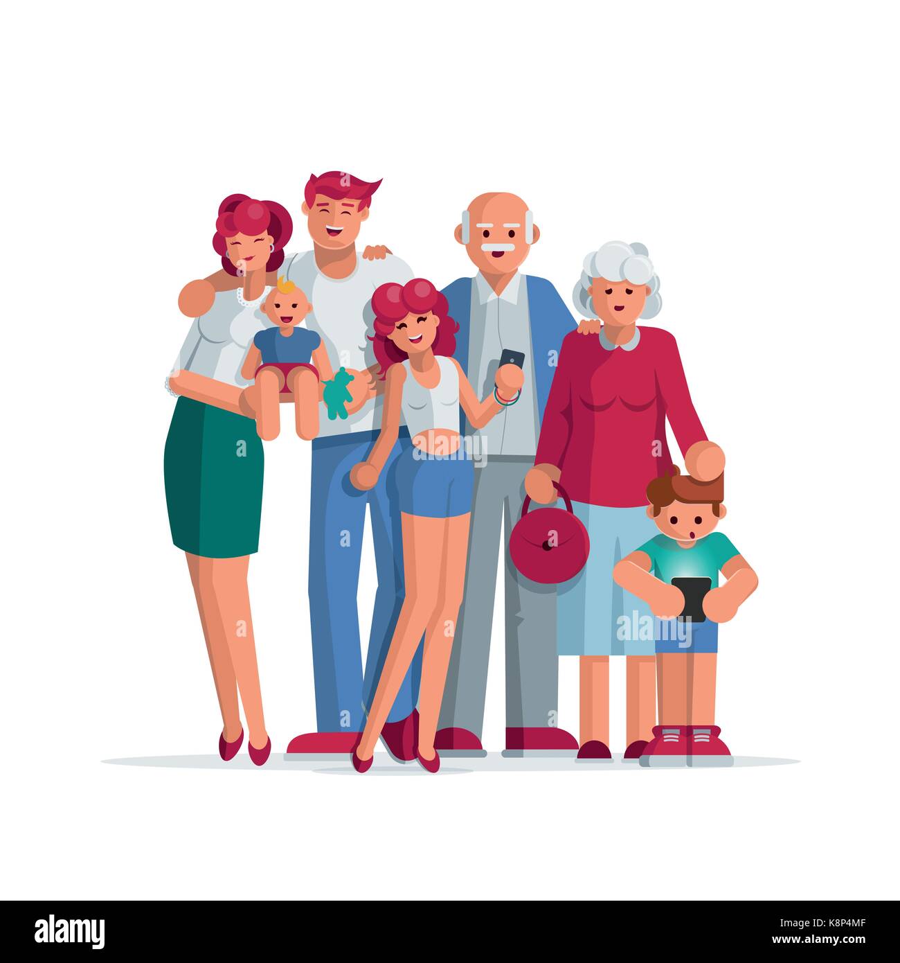 Happy big family portrait. Grandmother, grandfather, mother, father son and daughter together. Elements are layered separately. Isolated on white back Stock Vector