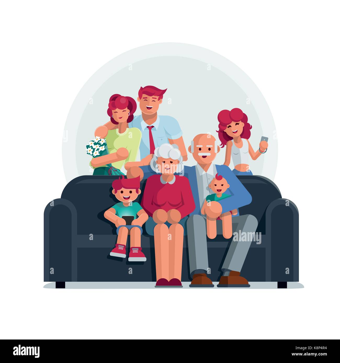 Happy big family portrait. Grandmother, grandfather, mother, father son and daughter together. Elements are layered separately. Stock Vector