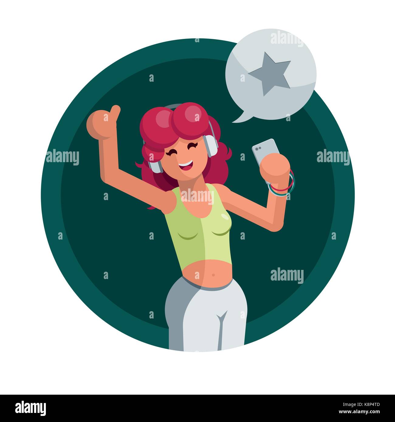 Beautiful red hair young woman listening to music with smartphone headphone and singing a song and dancing. Vector flat illustration. Stock Vector