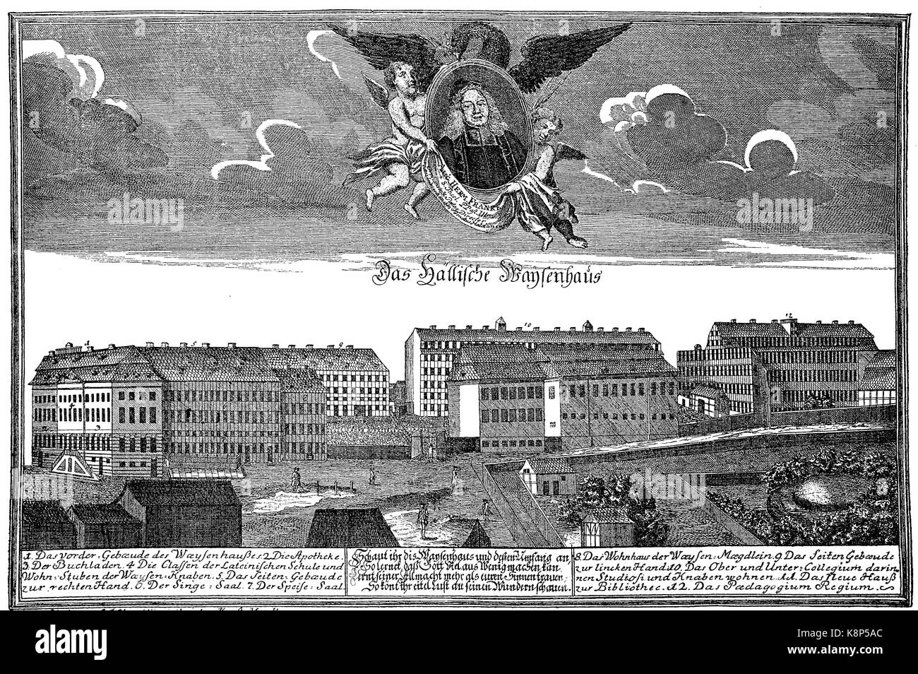 The Orphange of Hermann Francke at Halle, Germany, Ansicht des Waisenhaus zu Halle, mit Bild von August Hermann Francke, 1750, Deutschland, digital improved reproduction of a woodcut, published in the 19th century Stock Photo