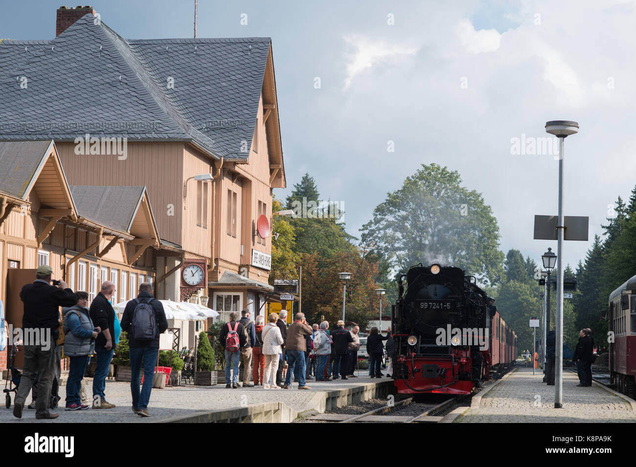 Drei Annen Hohne, Germany. 18th Sep, 2017. Tobias Hinsche of the Harzer Schmalspurbahn (lit. Harz narrow gauge railway) looking out of the window of the newly built locomotive 99 7241 - 5 as it pulls into the station at Drei Annen Hohne, Germany, 18 September 2017. Credit: Klaus-Dietmar Gabbert/dpa-Zentralbild/ZB/dpa/Alamy Live News Stock Photo