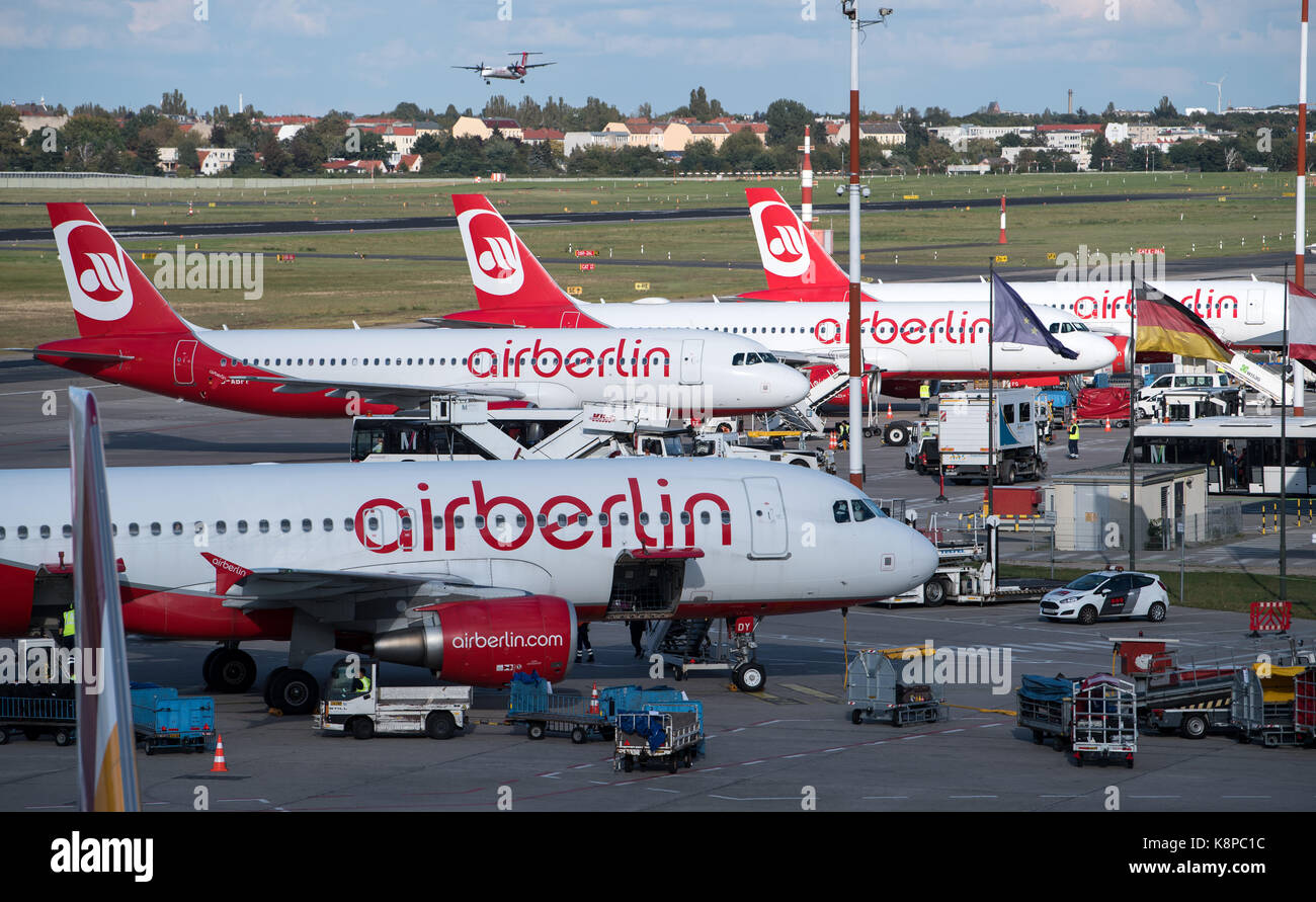 Berlin, Germany. 18th Sep, 2017. Airberlin planes at Berlin Tegel 'Otto Lilienthal' Airport in Berlin, Germany, 18 September 2017. Credit: Bernd von Jutrczenka/dpa/Alamy Live News Stock Photo