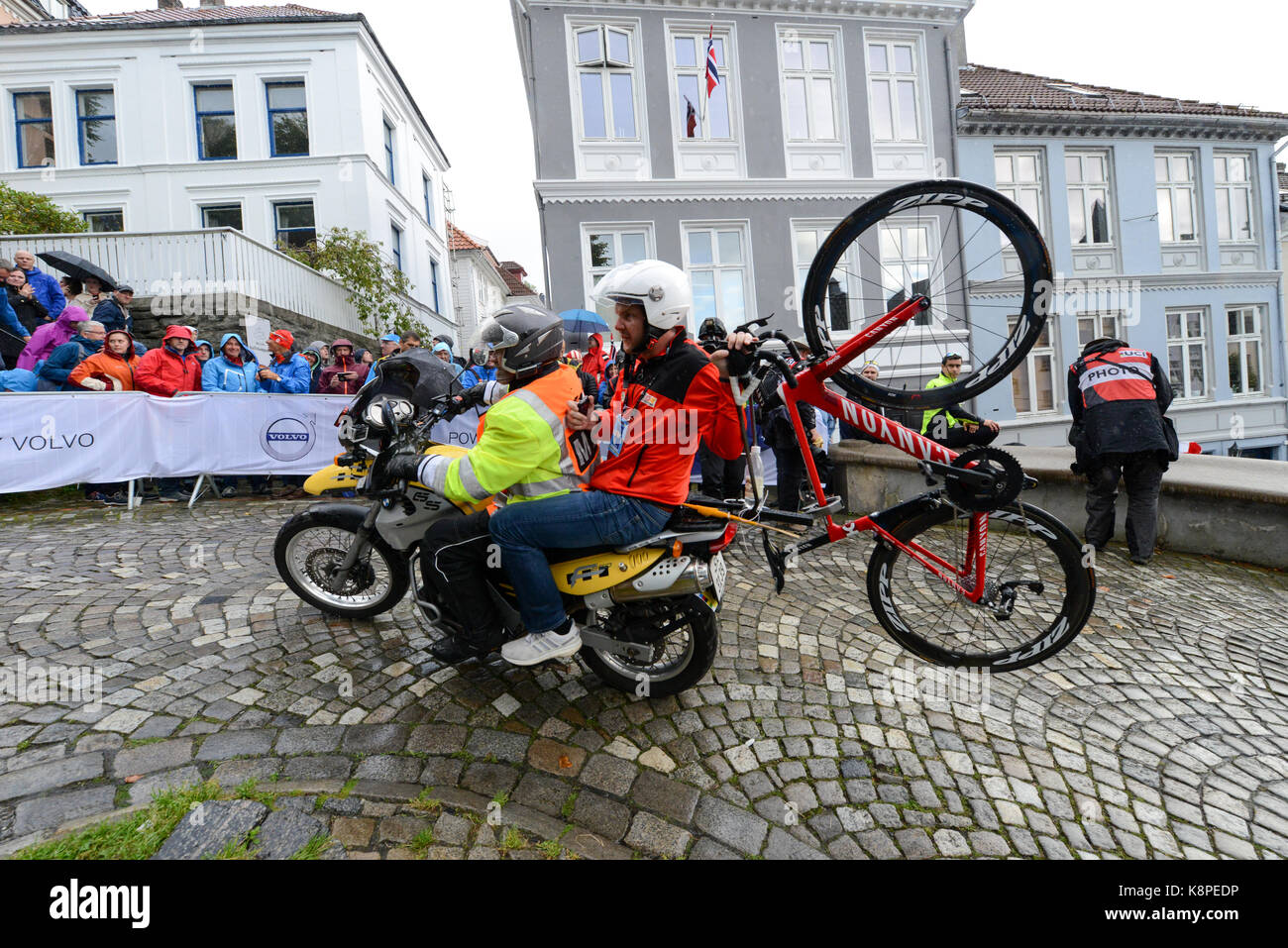 Bergen, Norway. 20th Sep, 2017. Defending Time Trial World Champion Tony Martin of Germany was, as the all other riders, followed by a team mechanic transported on an motorcycle carrying a back up bike up the last 3km climb to Mount Fløyen in the hard and for a World Championship unsual hard uphill finish for a World Championship Time Trial course. Credit: Kjell Eirik Irgens Henanger/Alamy Live News Stock Photo