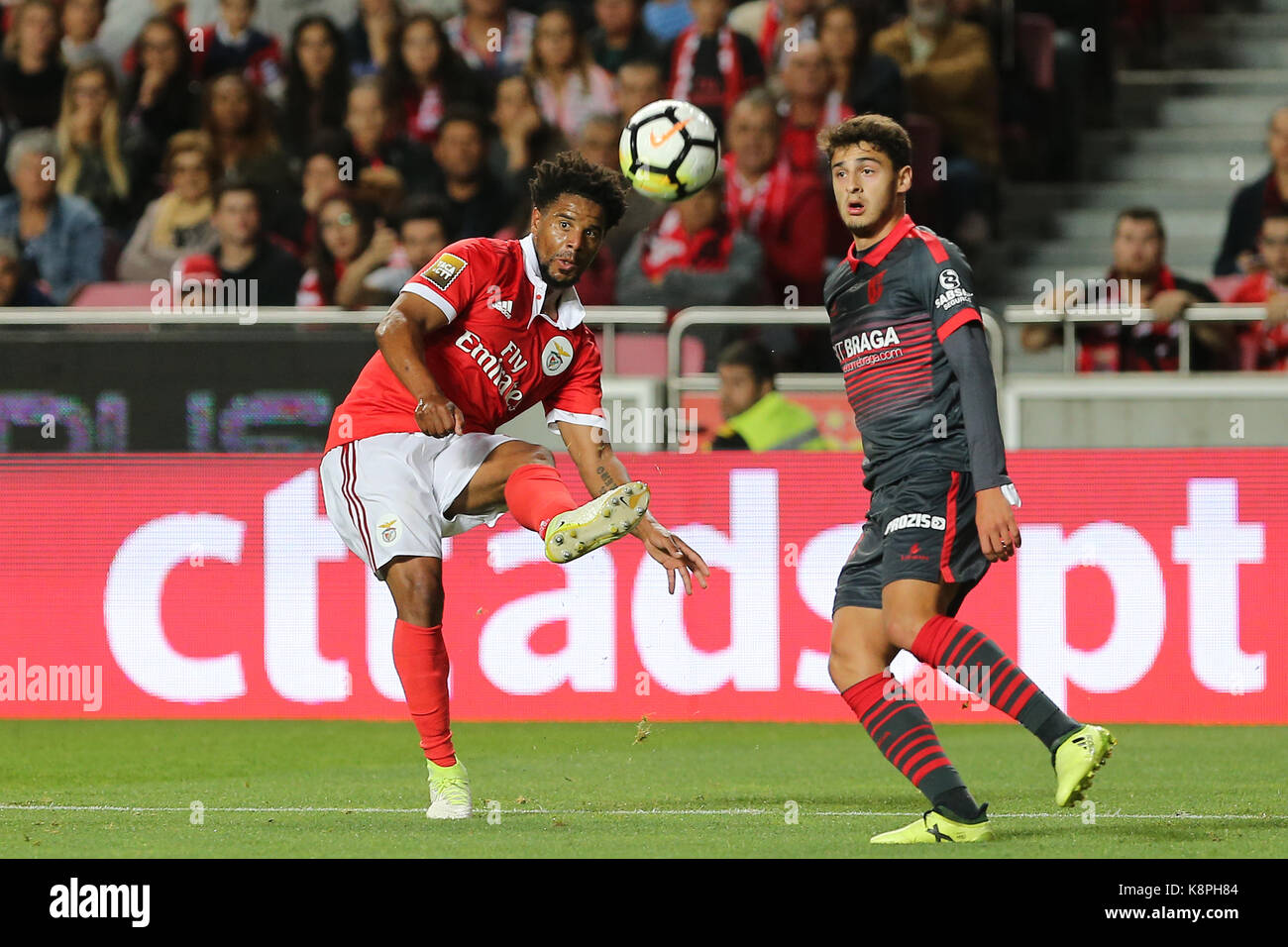 Lisbon, Portugal. 20th Sep, 2017. Benfica's defender Eliseu from Portugal (L) and Braga's forward Bruno Xadas from Portugal (R) during the Portuguese Cup 2017/18 match between SL Benfica v SC Braga, at Luz Stadium in Lisbon on September 20, 2017. Credit: Bruno Barros/Alamy Live News Stock Photo