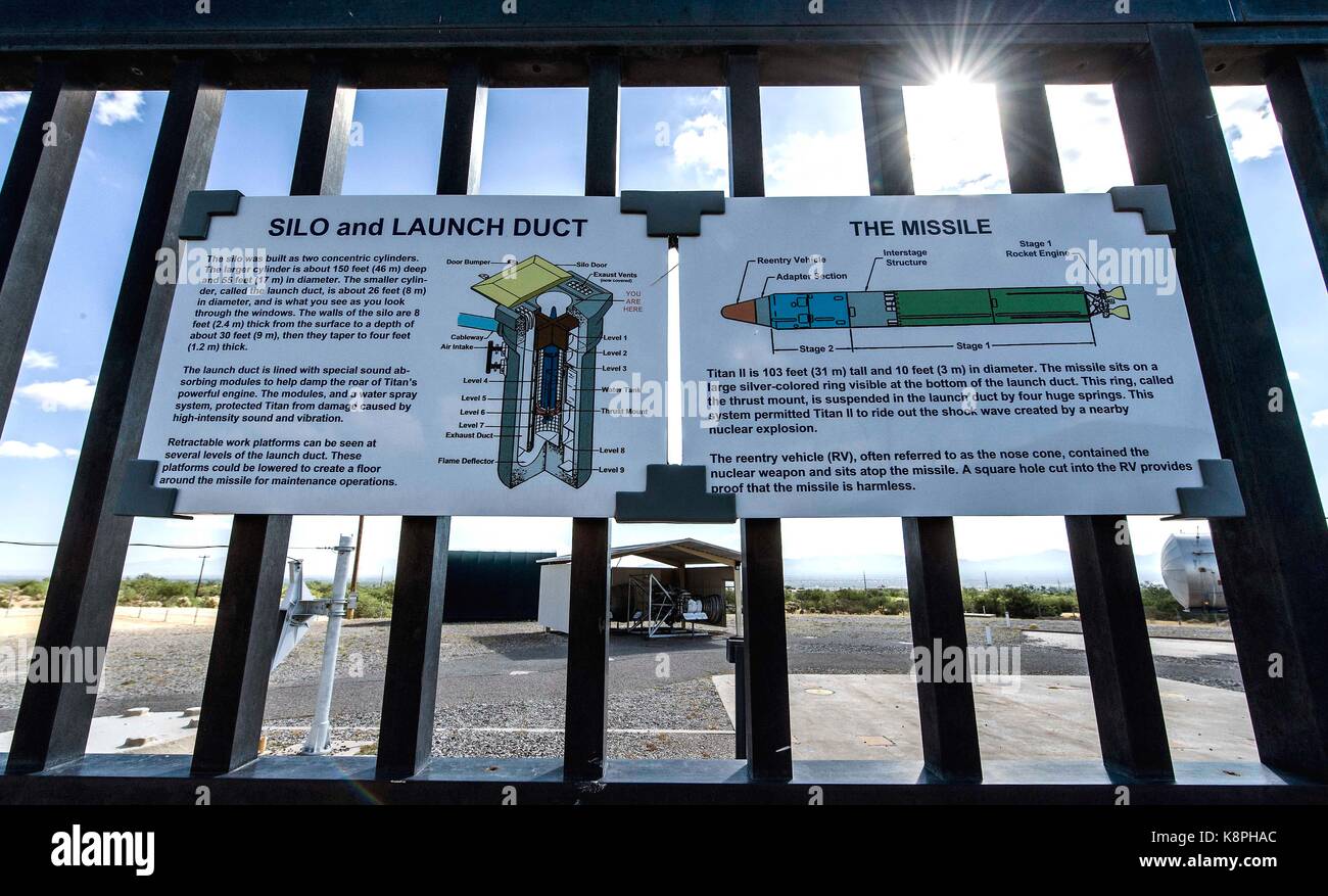 Sahuarita, Arizona, USA. 20th Sep, 2017. Signage at the Titan Missile Museum, site of a formerly operational Titan II ICBM complex. Now administered by the Arizona Aerospace Foundation, the Museum gives visitors guided tour access to its missile silo, control center and access tunnels. Titan II Launch Complex 571-7, as it was then known, became operational in 1963 at the height of the cold war with the Soviet Union, and was de-activated in November of 1982 as the result of a nuclear treaty. Credit: ZUMA Press, Inc./Alamy Live News Stock Photo