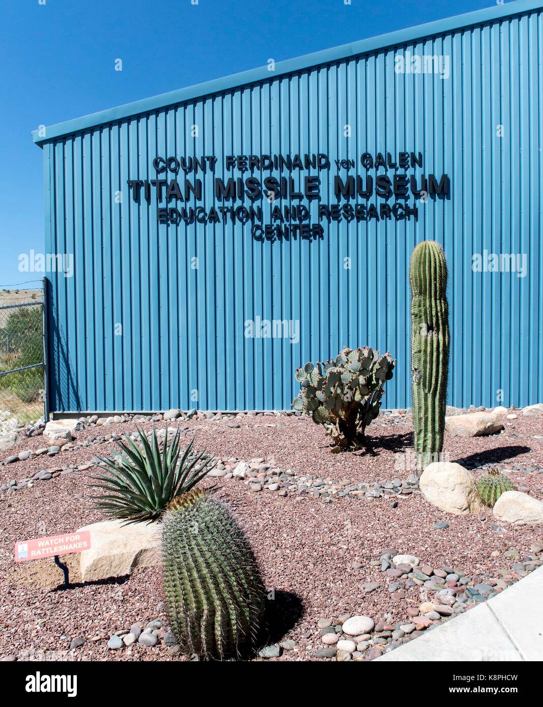 Sahuarita, Arizona, USA. 20th Sep, 2017. Exterior of the Titan Missile Museum, site of a formerly operational Titan II ICBM complex. Now administered by the Arizona Aerospace Foundation, the Museum gives visitors guided tour access to its missile silo, control center and access tunnels. Titan II Launch Complex 571-7, as it was then known, became operational in 1963 at the height of the cold war with the Soviet Union, and was de-activated in November of 1982 as the result of a nuclear treaty. Credit: ZUMA Press, Inc./Alamy Live News Stock Photo