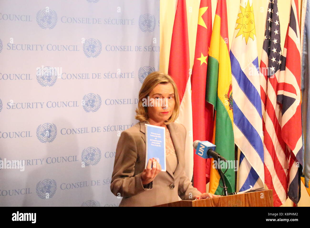 UN, New York, USA. 20th Sept, 2017.  Federica Mogherini, EU High Representative  addressed press about the Iran Deal or JCPOA. Credit: Matthew Russell Lee/Alamy Live News Stock Photo