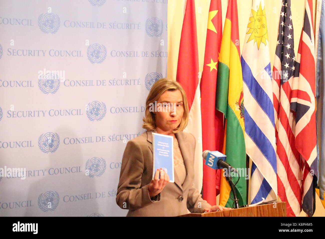 UN, New York, USA. 20th Sept, 2017.  Federica Mogherini, EU High Representative  addressed press about the Iran Deal or JCPOA. Credit: Matthew Russell Lee/Alamy Live News Stock Photo