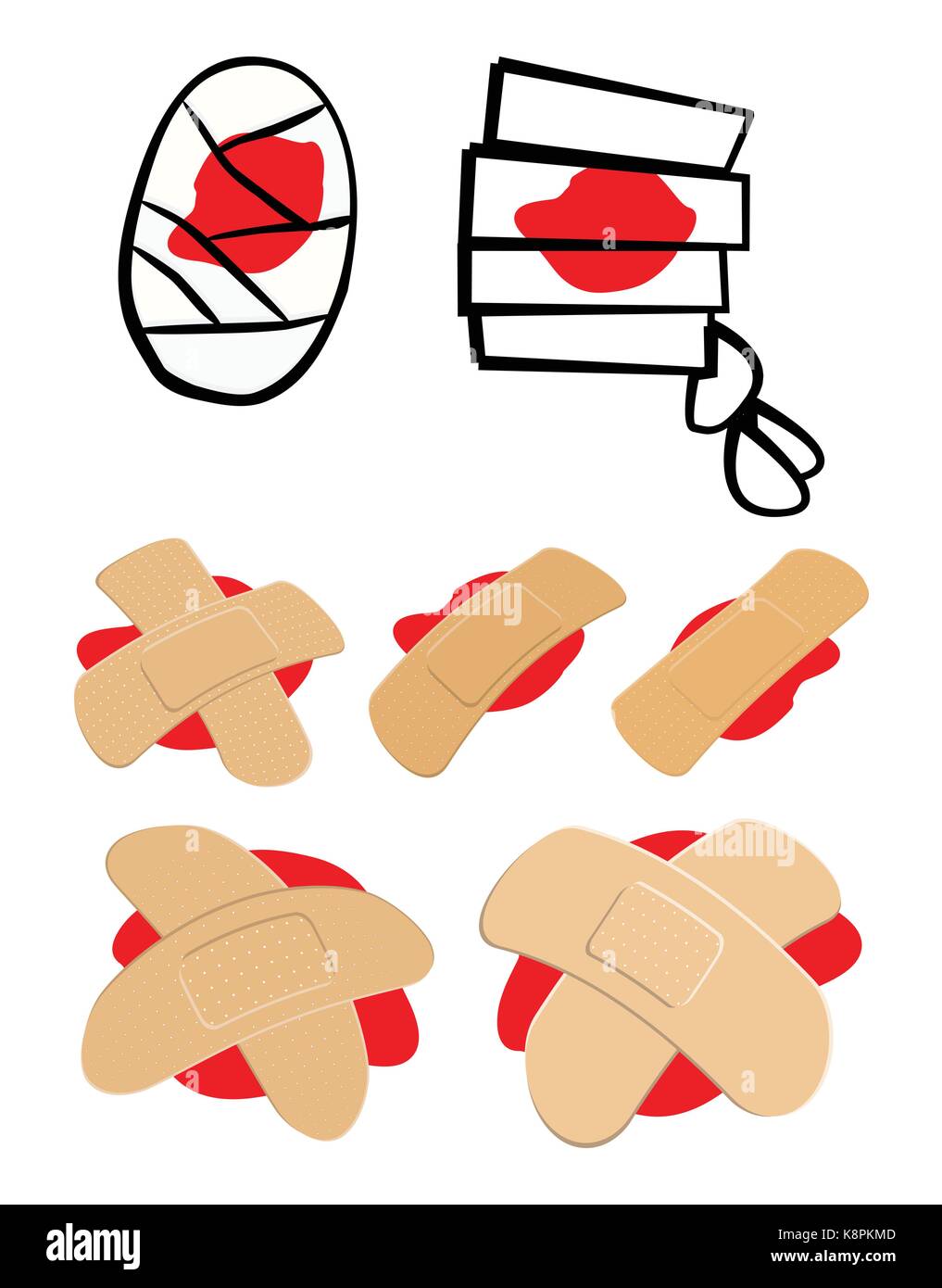 Set of Adhesive  plaster and bandage with red  blood puddle. Medical equipment in different shapes. Vector illustration isolated on white background. Stock Vector