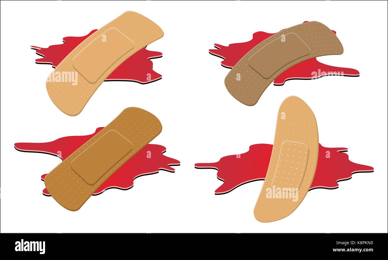 Set of Adhesive, flexible, fabric plaster with red  blood puddle. Medical bandage in different shape - curved rectangular. Vector illustration isolate Stock Vector